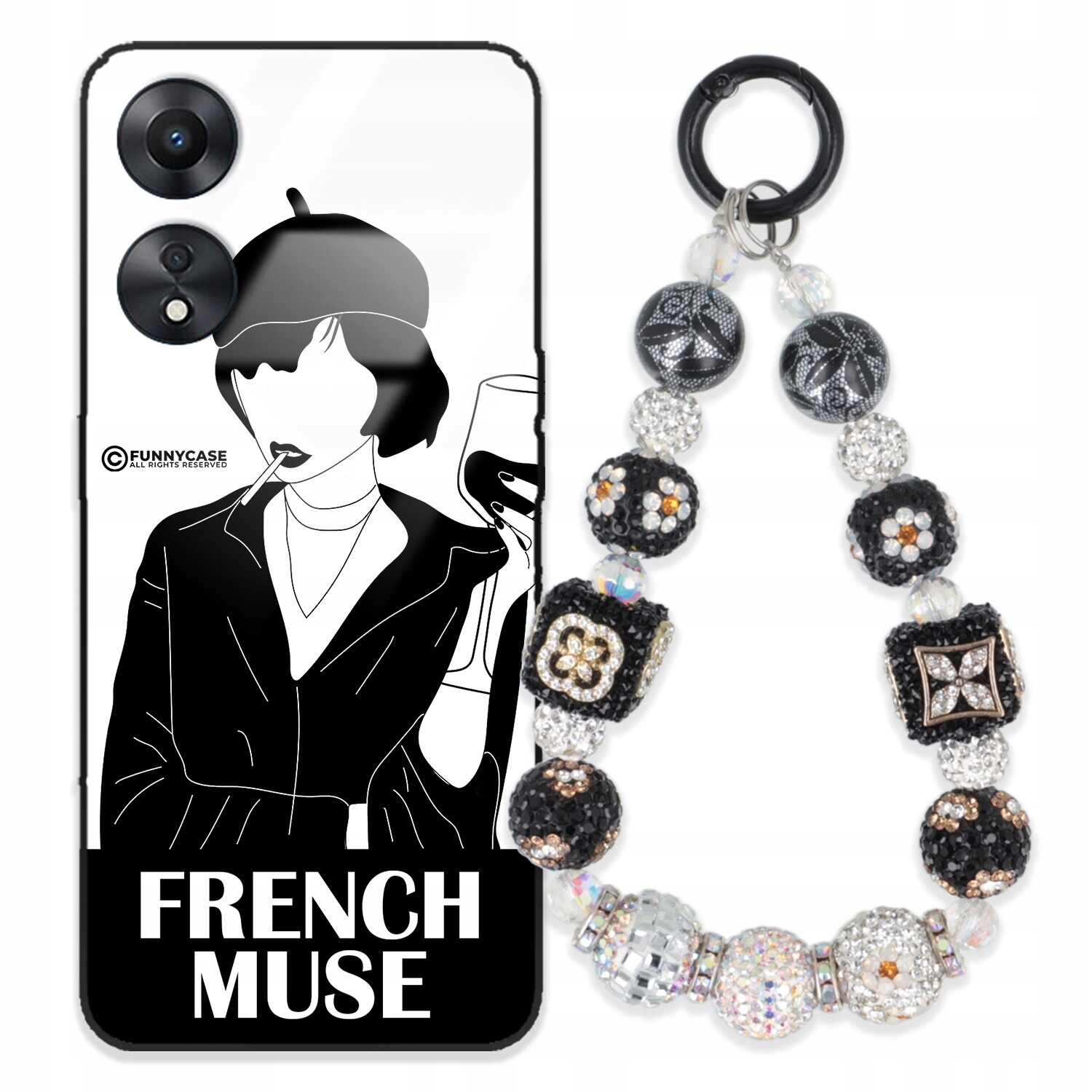 Pouzdro Pro Oppo A58 5G Skleněné, Černobílé Přívěsek Na Klíče Zirkony Wz