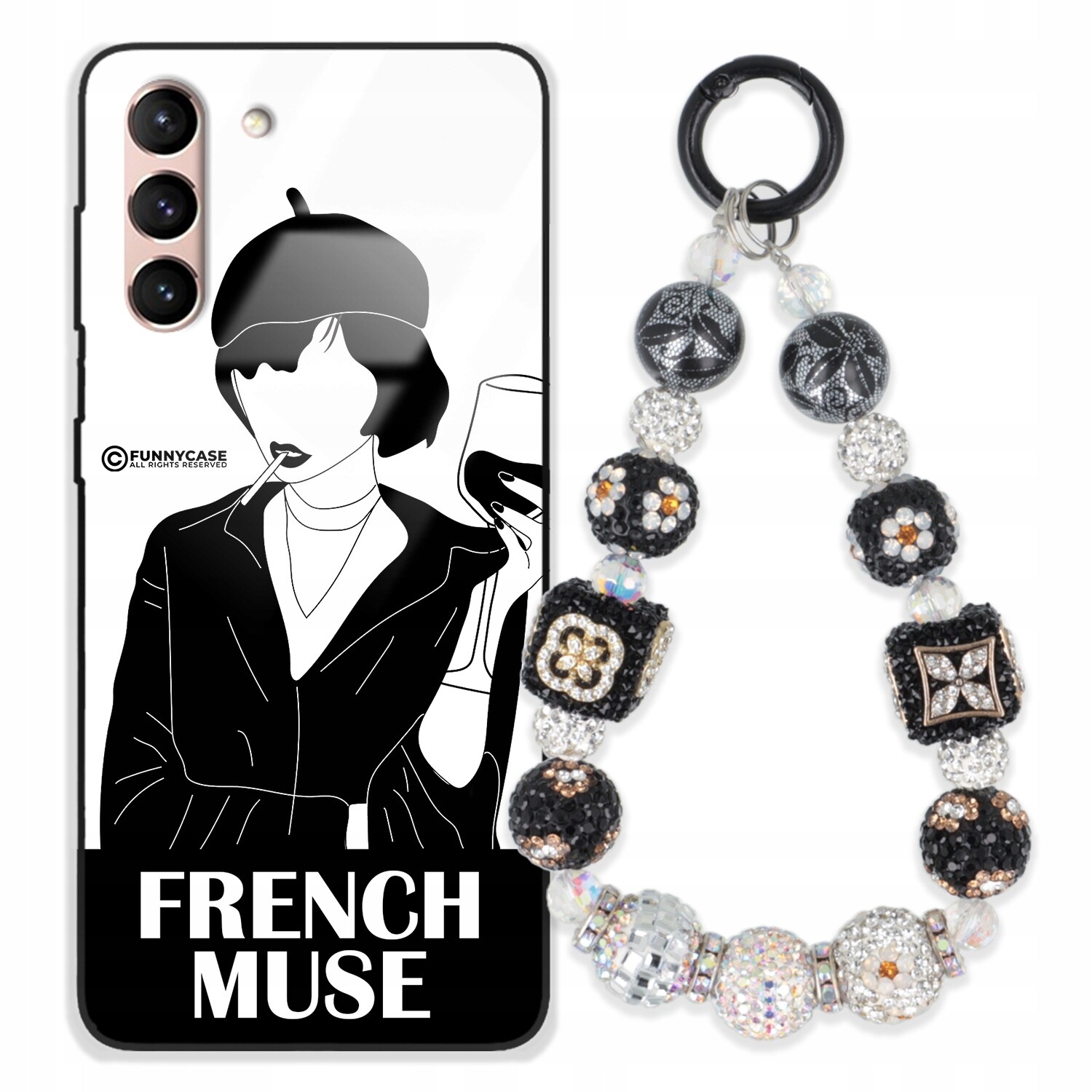 Pouzdro Pro Samsung S21 5G Sklené Dámské Černobílé Přívěsek Na Klíče Zirkony S Kamenínky Wz