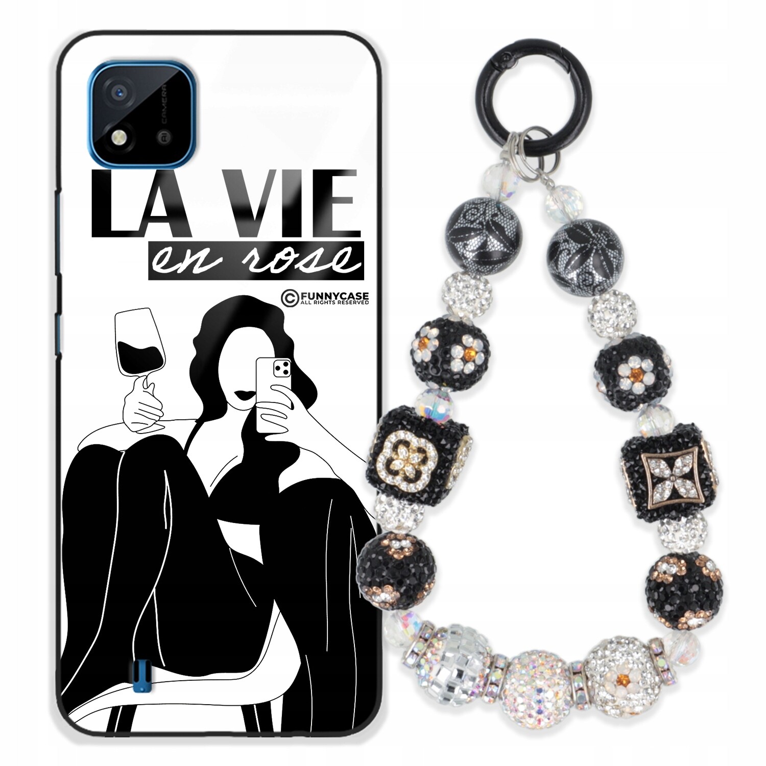 Pouzdro Pro Realme C20 Skleněné, Černobílé Přívěsek Na Klíče Zirkony Wz