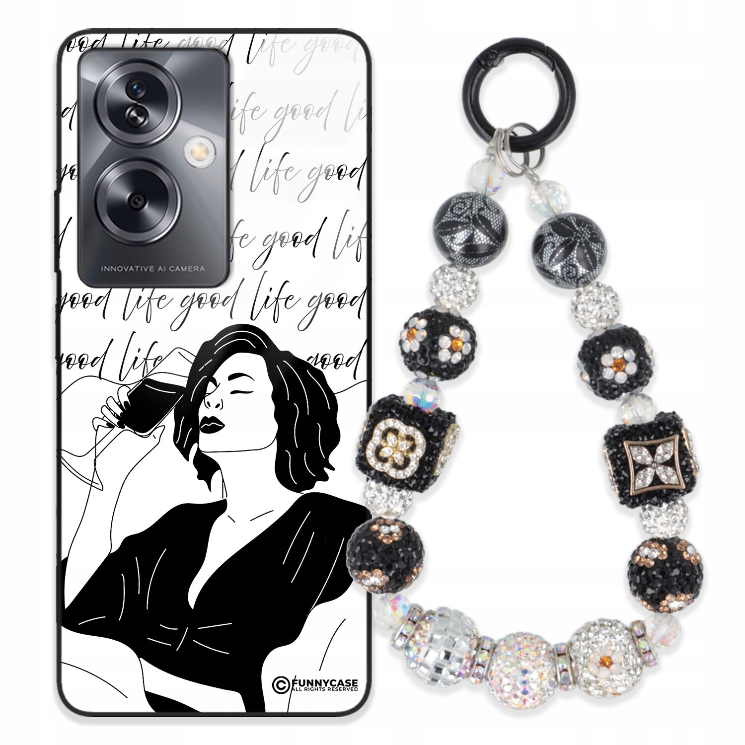 Pouzdro Pro Oppo A79 5G Skleněné, Černobílé Přívěsek Na Klíče Zirkony Wz