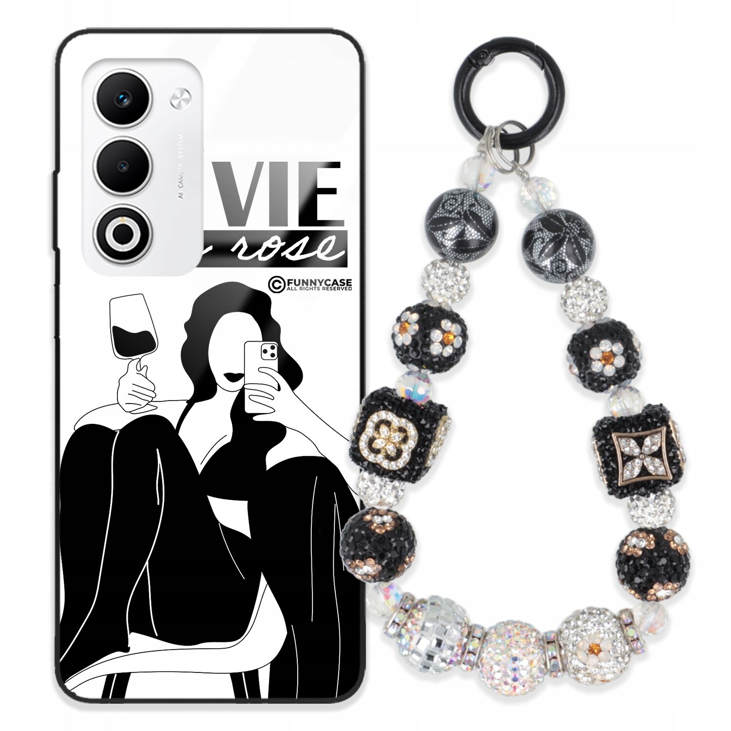 Pouzdro Pro Oppo A5 5G Skleněné, Černobílé Přívěsek Na Klíče Zirkony Wz