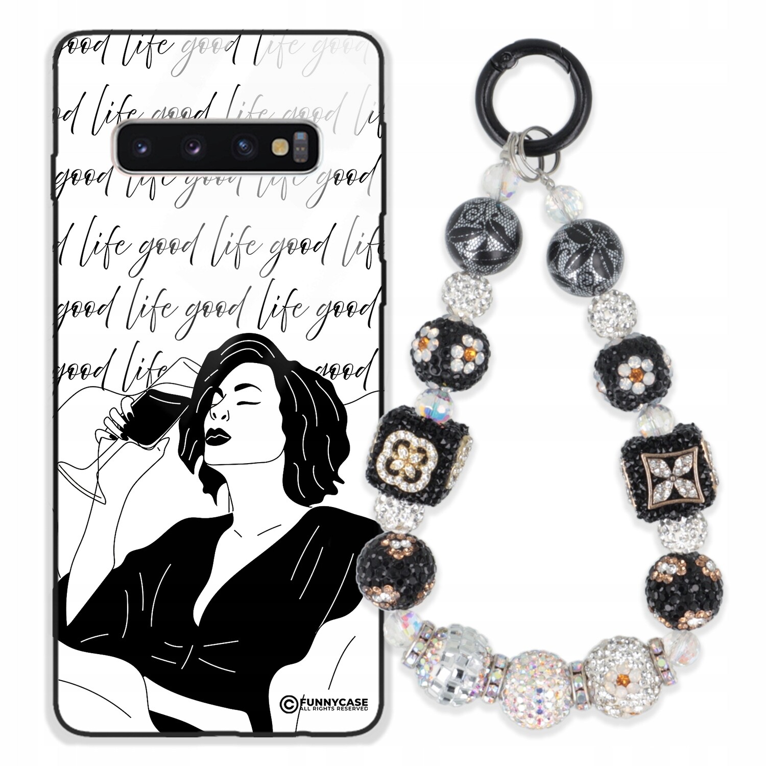 Pouzdro Pro Samsung S10, Skleněné, Černobílé Přívěsek Na Klíče Zirkony Wz