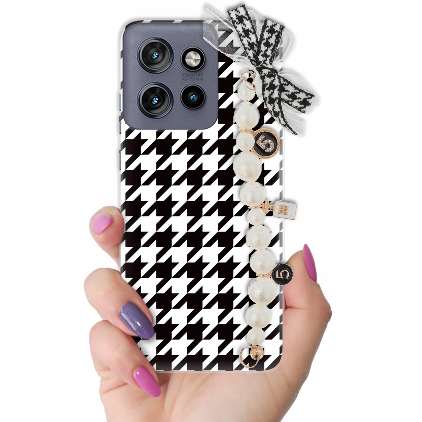 Pouzdro Pro Motorola Edge 50 Neo Case pepitka s perličkami a mašličkou|STYLOVÉ|