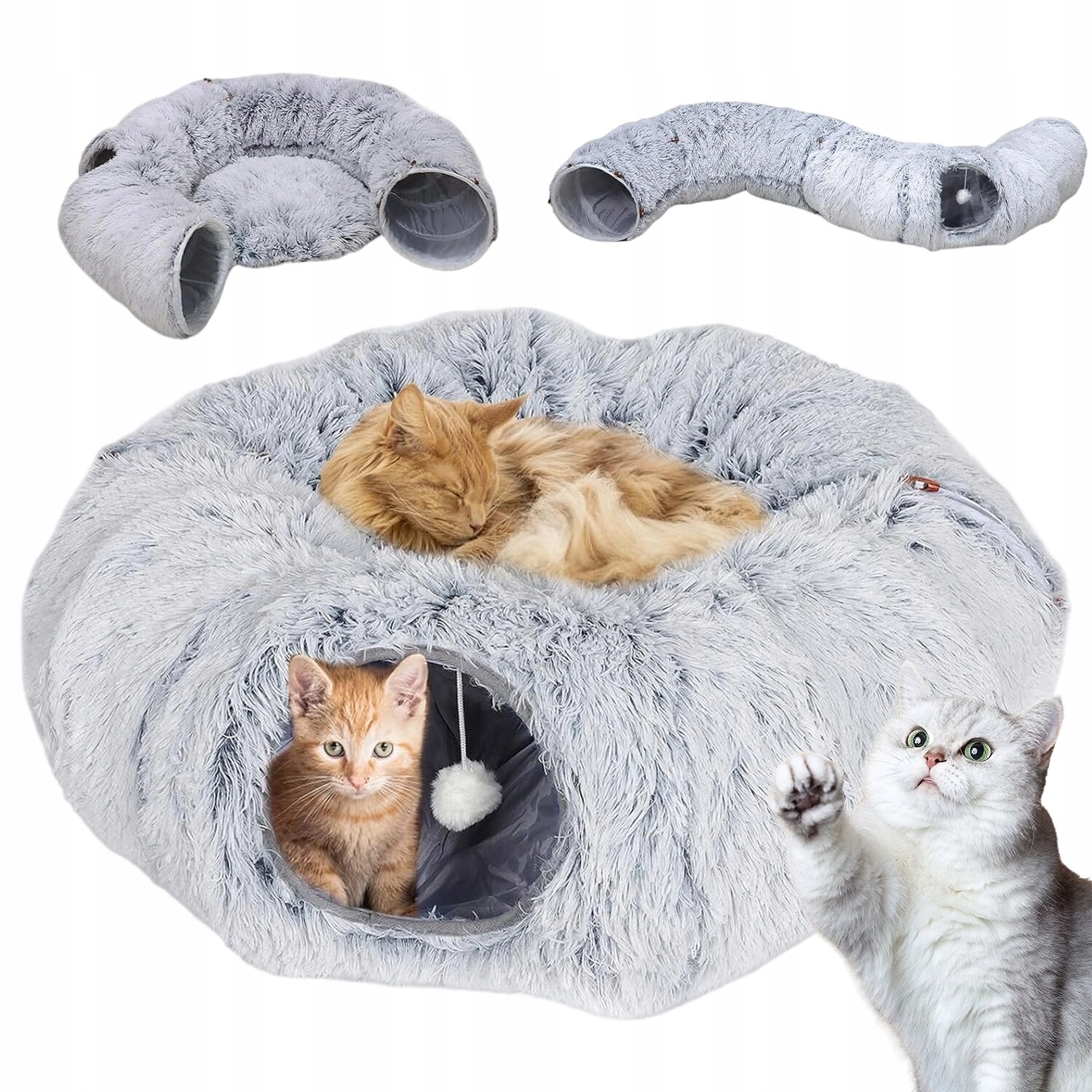 Pelíšek Tunel Pro Kočky S Míčem Velký Šedý 170 CM Hračka Dárek