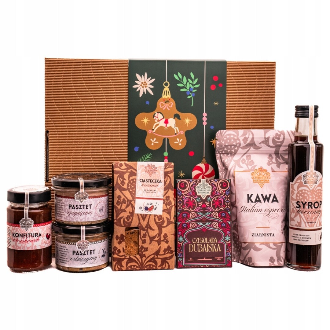 Sada pod vánoční stromeček koš Schronisko Bukowina káva sirup čokoláda dubajská