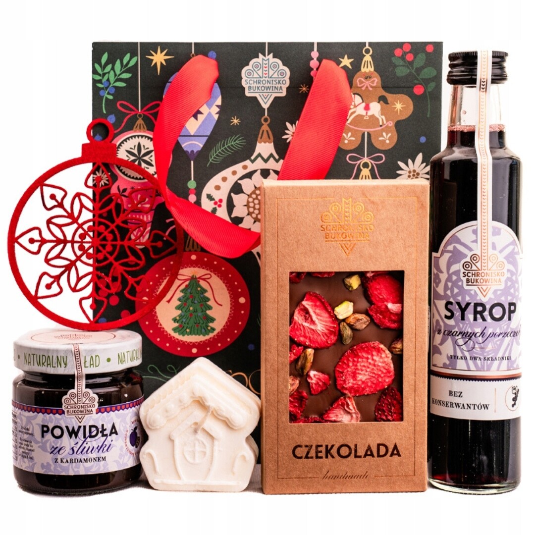 Vánoční krabička Schronisko Bukowina povidla čokoláda svíčka sirup koule