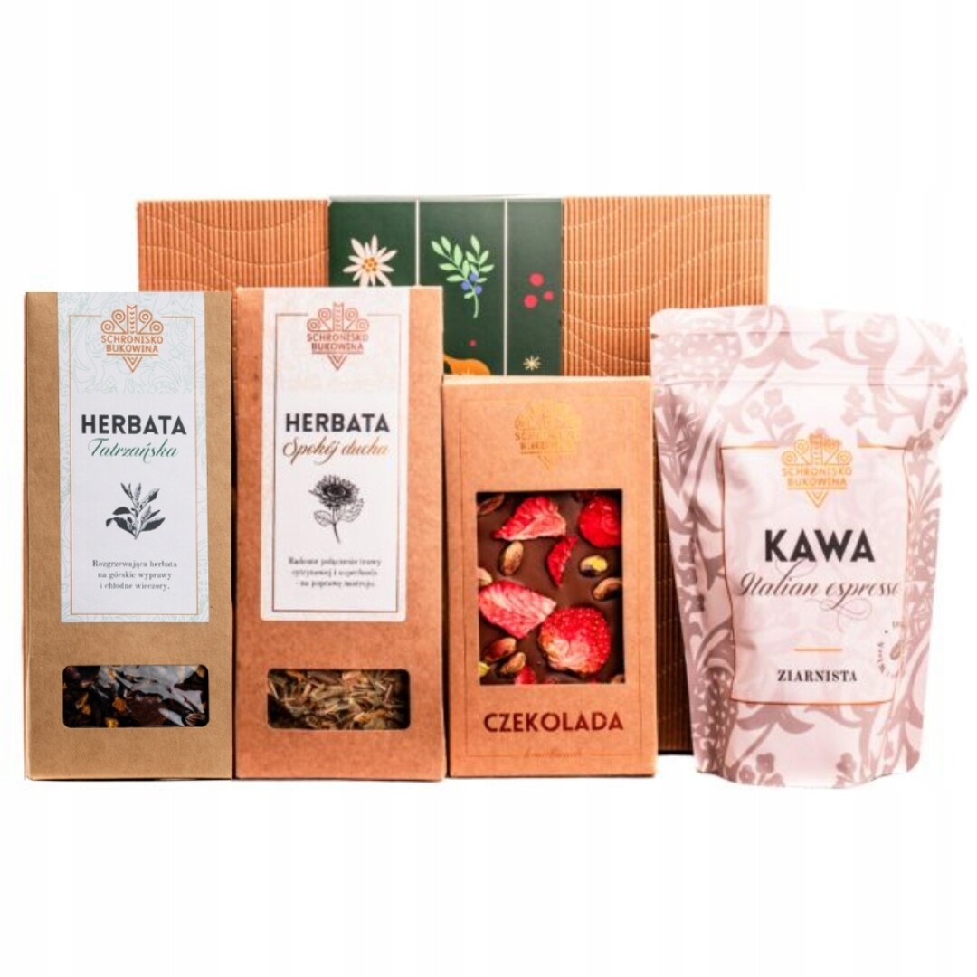 Dárek dárek zabalený do Schronisko Bukowina káva čaj čokoláda