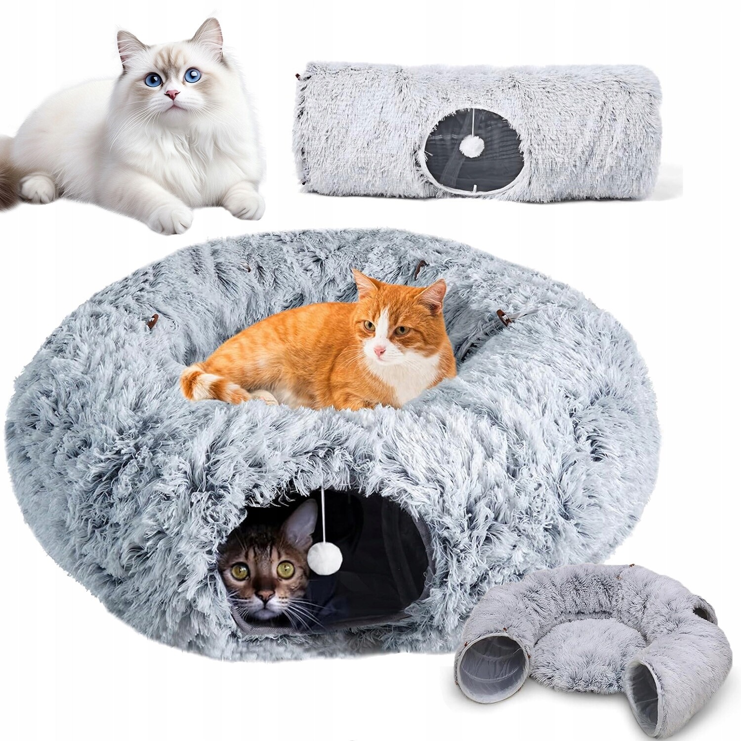 Pelíšek Tunel Pro Kočky Donut Polštář 2V1 Šedý Pro Kočky Míčky