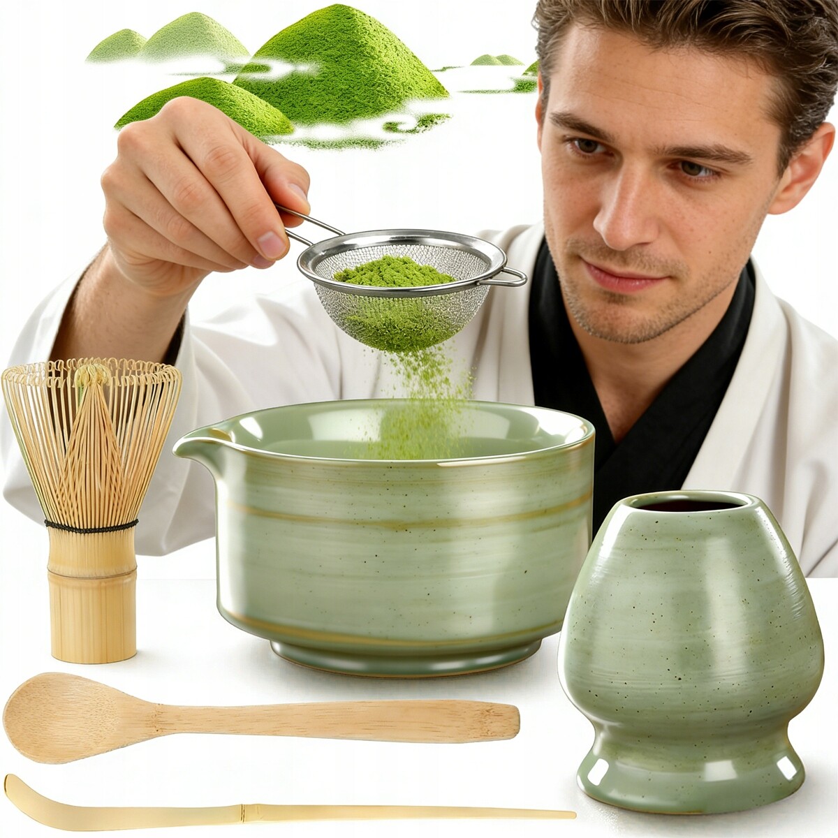 Sada pro Matchy 6v1 keramická Šálek metla čajová lžička Matcha