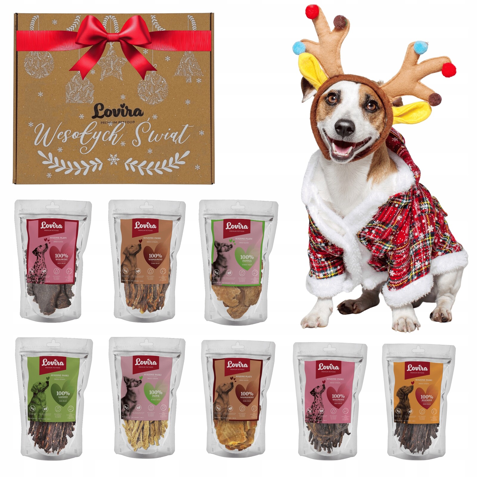 Sada na Dárek Vánoce 8xPamlsky pro psa MIX Chutí Pásky Plátky Krabička