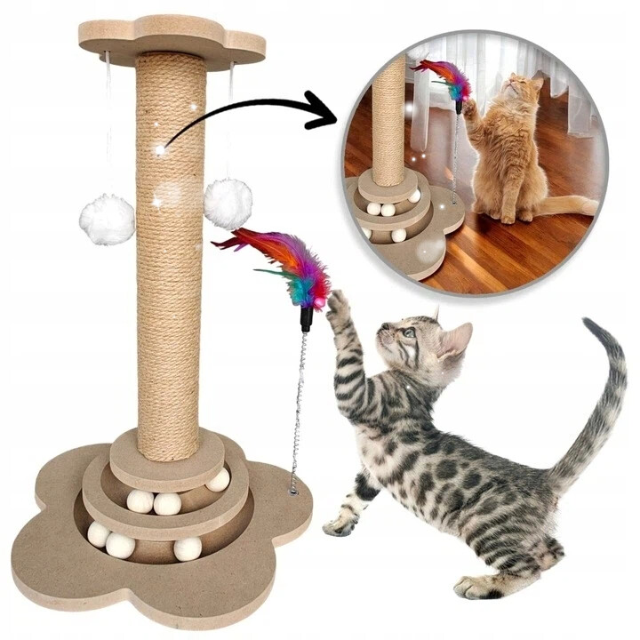 Škrabadlo Pro Kočky Vysoké 44.5 CM Ze Sisalu S Kuličkami A Peříčkem Interaktivní