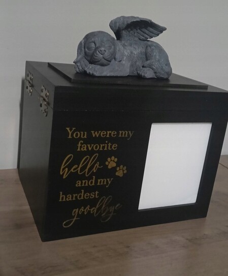 Dřevěná urna pro zvířata s rámečkem na fotografie, utěsněná urna pro