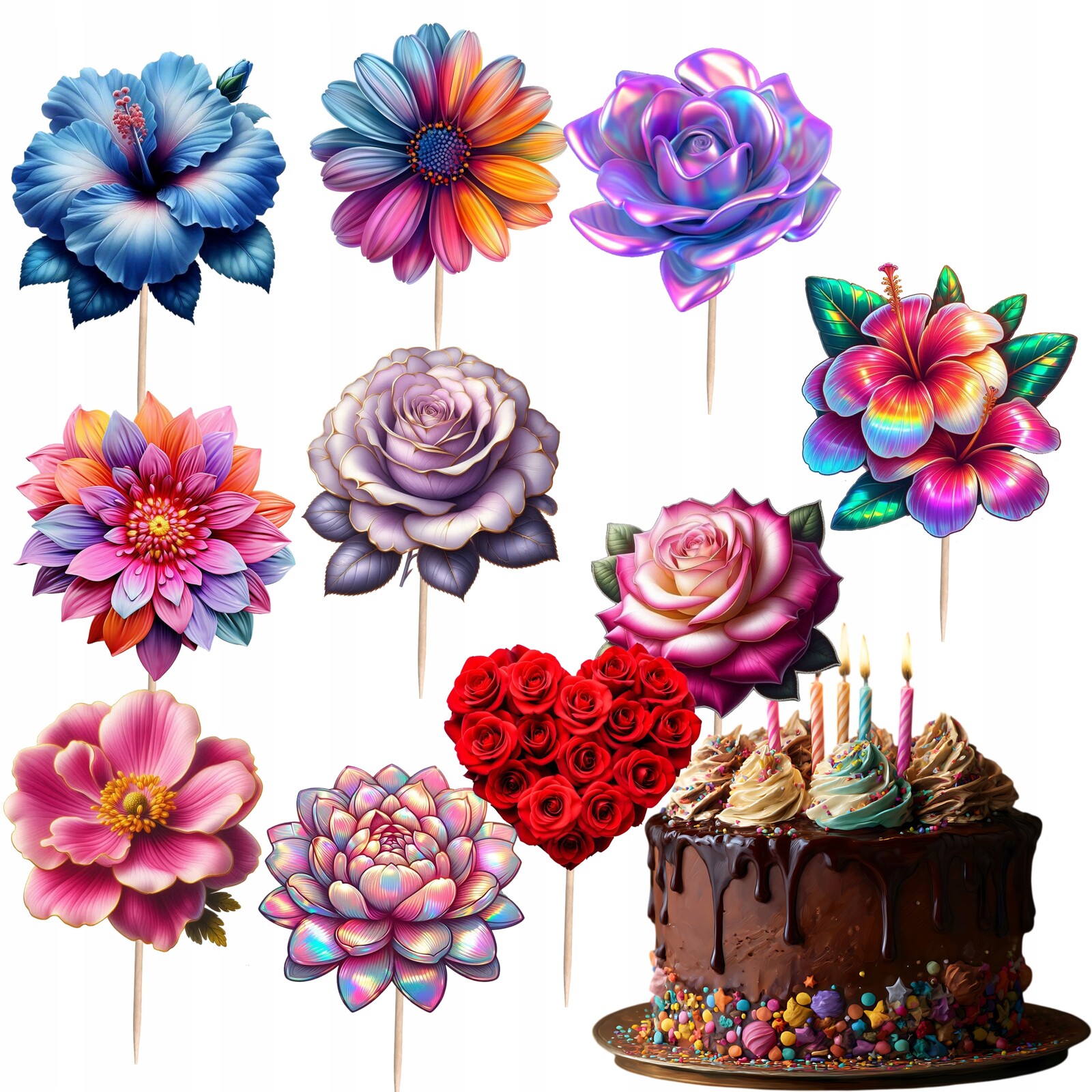 Toppery Toper Na Dort Květiny Růže Květinky Srdce Ozdoba Na Dort 10 ks