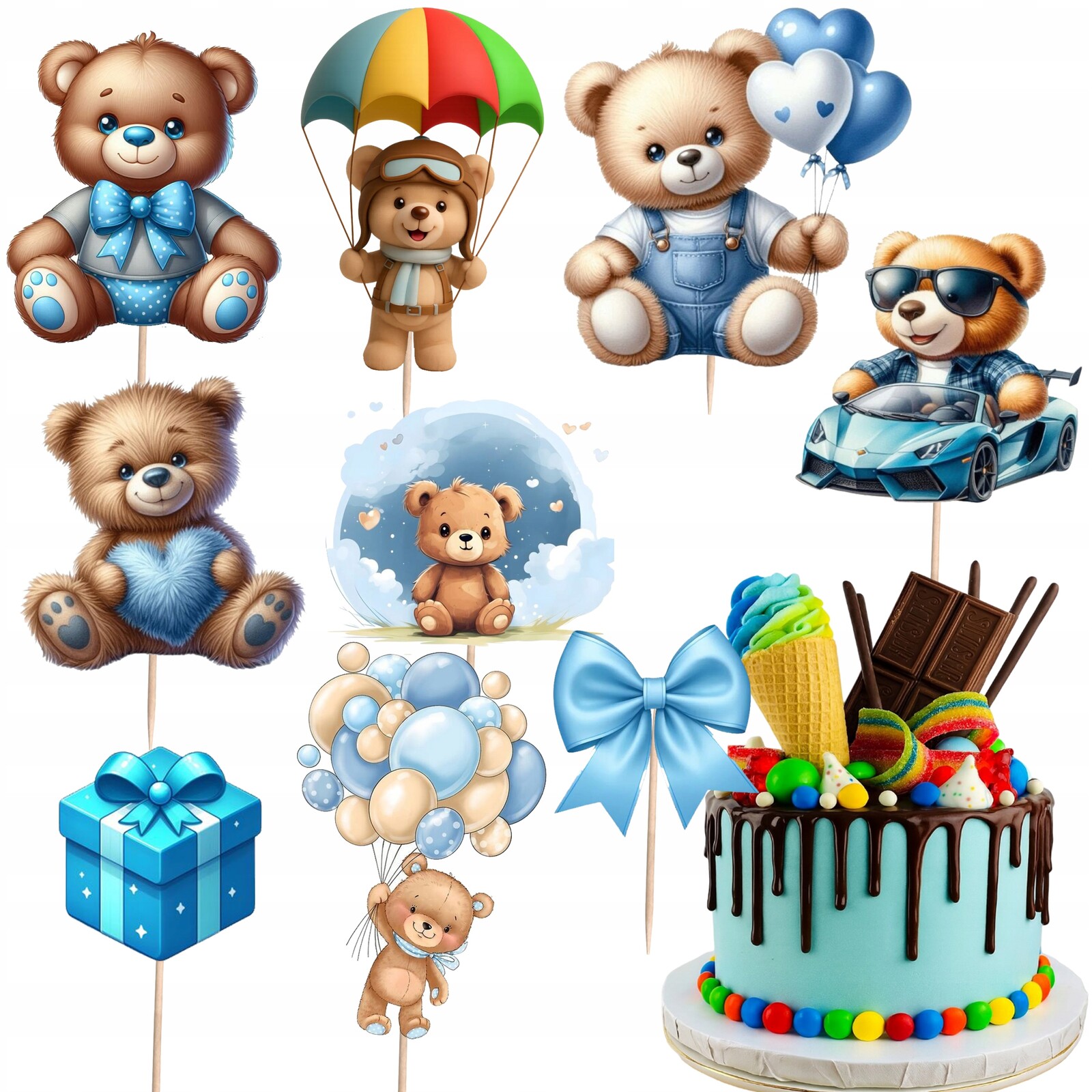 Toppery Zápichy Do Dortu Baby Shower Medvídci Narozeniny Ozdoba 10 ks