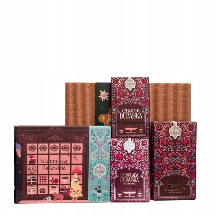 Vánoční box Schronisko Bukowina pralinky dubajské andělské vlasy tyčinka