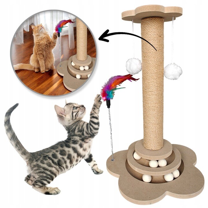 Škrabadlo Pro Kočky 44.5 CM S Kuličkami Z Masivního Dřeva A Přírodním Sisalem
