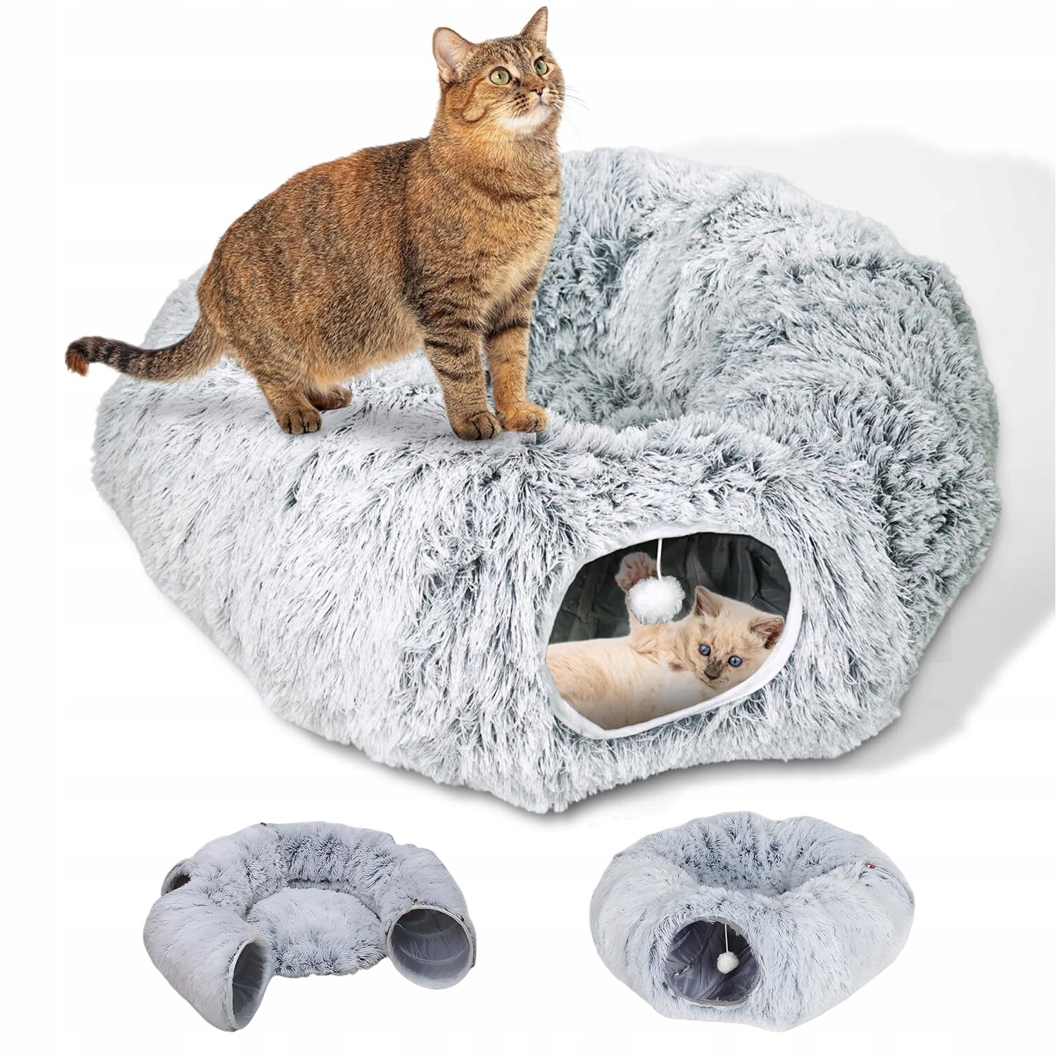 Pelíšek Tunel pro kočky Donut Polštář 2v1 Šedý 170 CM Skládací