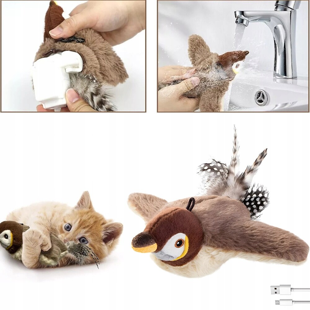 Elektronická hračka pro kočky ve tvaru ptáka, létající vrabec