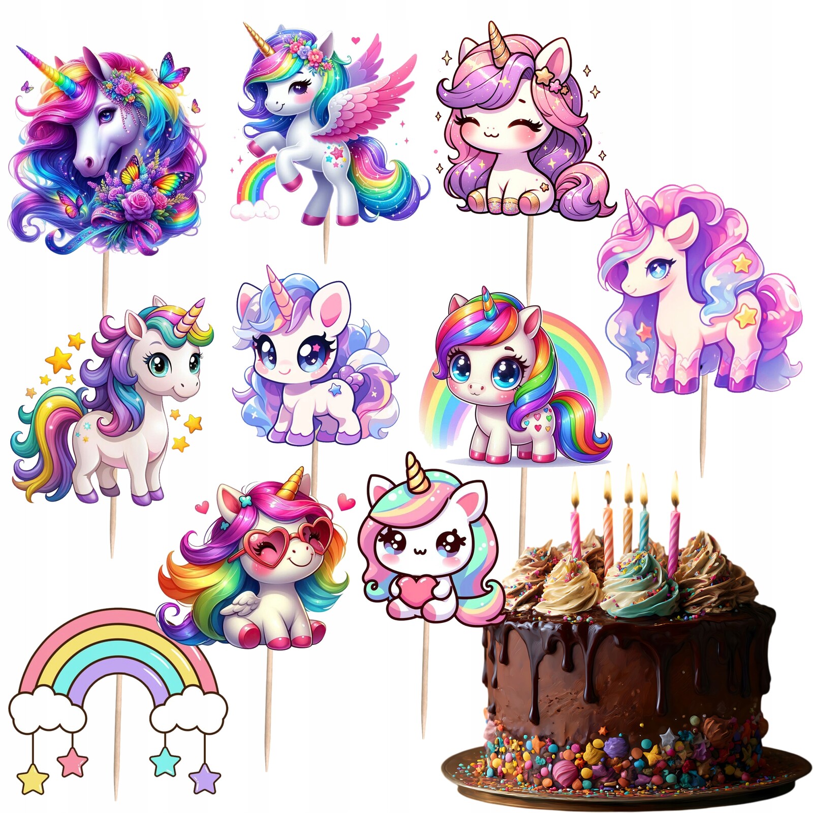 Toppery Toper Na Dort Jednorožci Koně Unicorn Duha Ozdoba Na Dort 10 ks