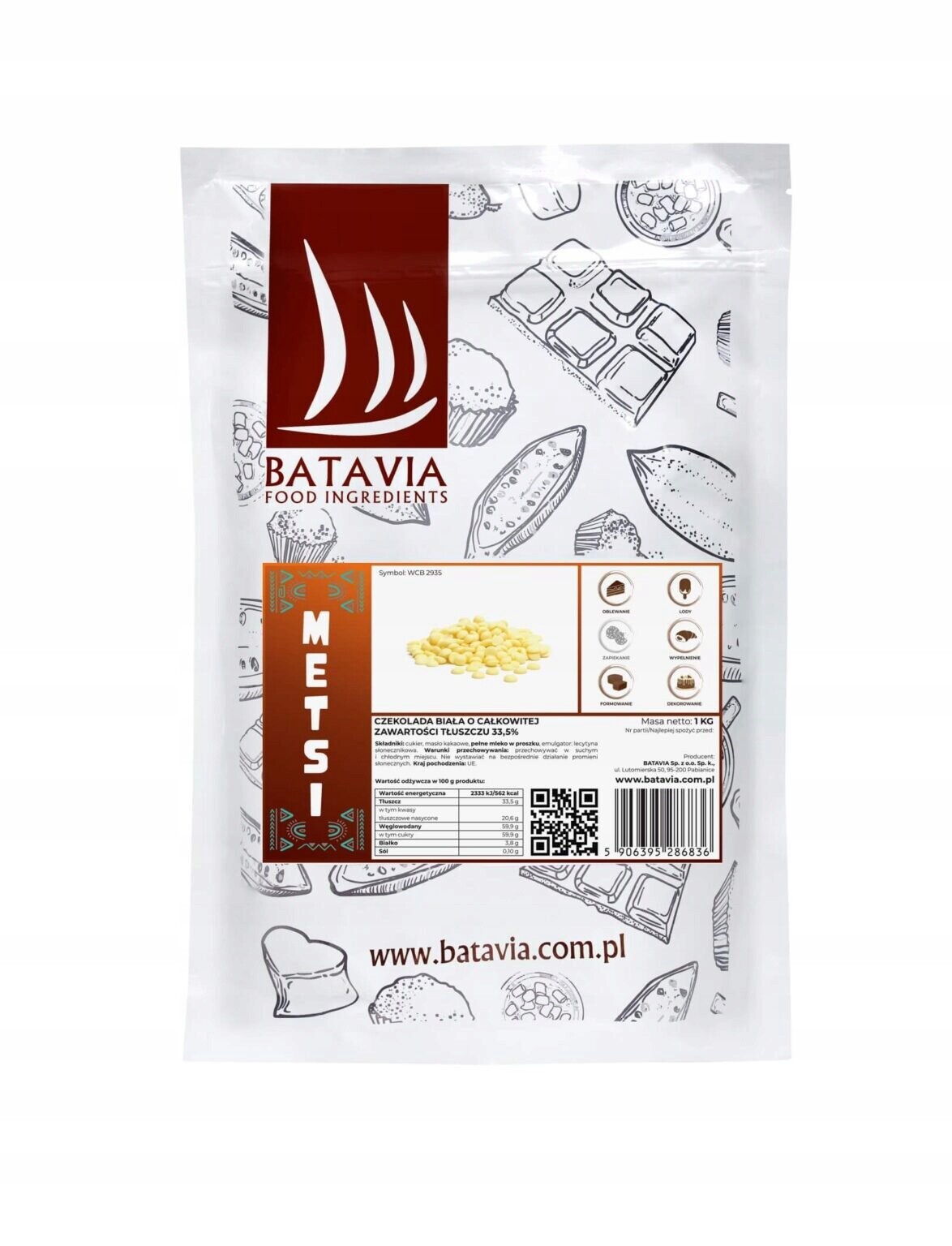 Čokoládové čočky Batavia Čokoláda Bílá Metsi 33,5% 1 kg