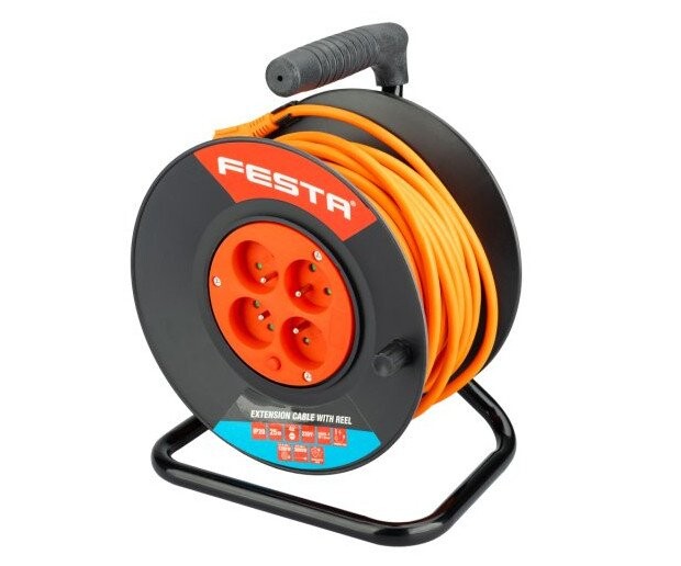 Šnůra prodlužovací PVC na bubnu 4 zásuvky 25m Festa