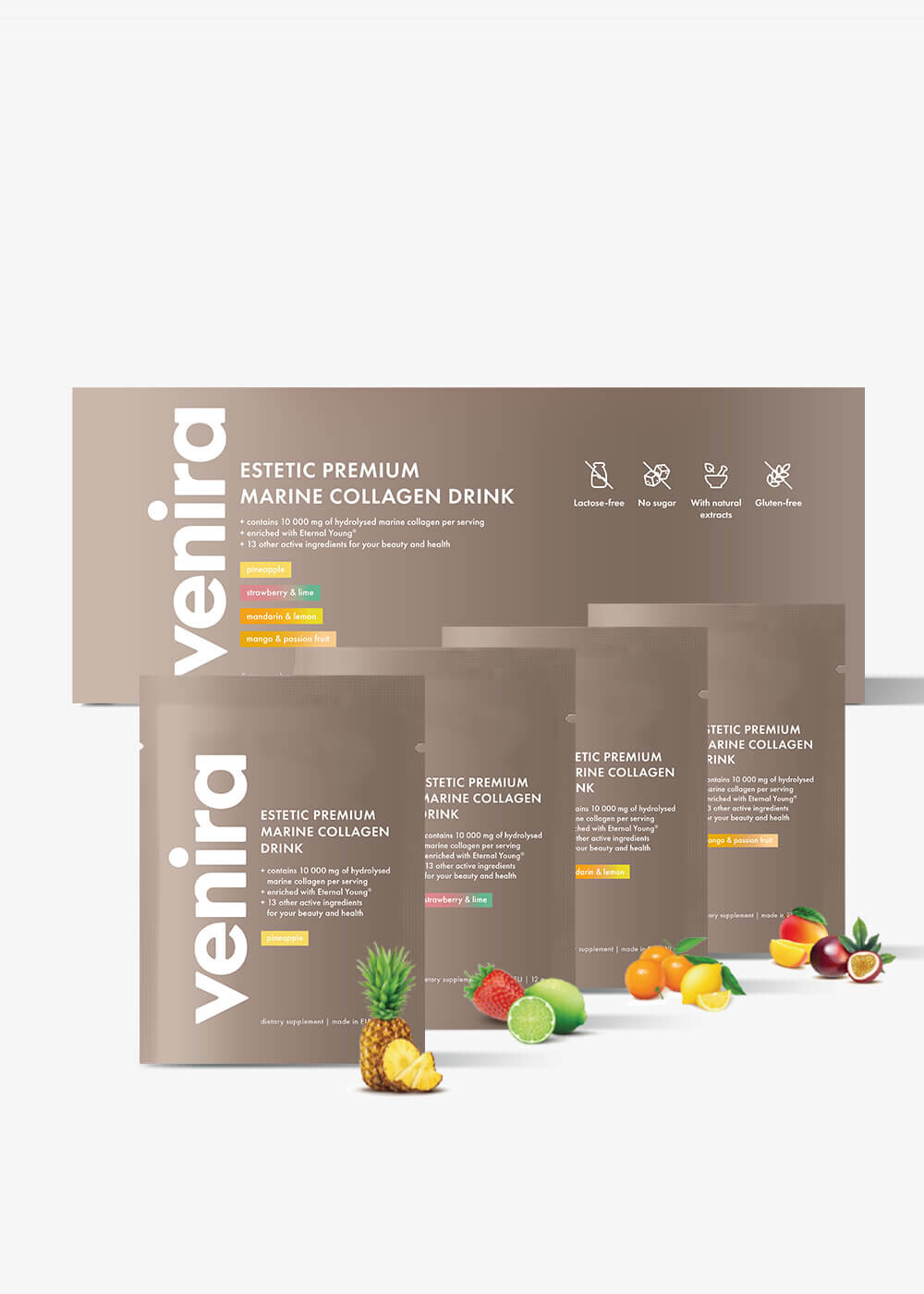 VENIRA ESTETIC PREMIUM kolagenový drink pro vlasy, nehty a pleť - mix 4 příchutí, mořský kolagen, 40 sáčků, 480 g