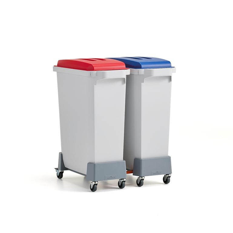 Set OLIVER, 2x koš na tříděný odpad 60 l + vozík, 2x víko (modré a červené)