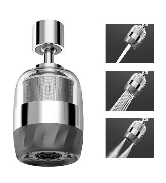 Eco produkty Exclusive Steel Filtra 3 Silver, dřezová nebo umyvadlová filtrační sprcha 3 proudy vody, perlátor s kloubem a nerezovým filtrem k vodovodní baterii se závitem M22/M24, stříbrná/šedá