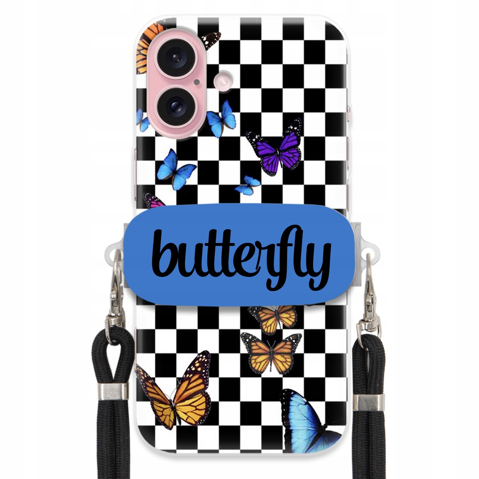 Pouzdro Pro Iphone 16 Case Obdélníkový Držák Černé Smyčky Butterfly Motýli