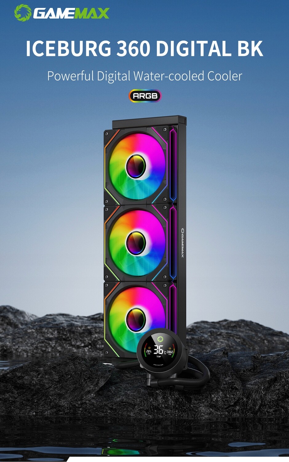 GameMax IceBurg 360V digitální, kapalinový chladič Cpu 360mm adresovatelný Argb, černý