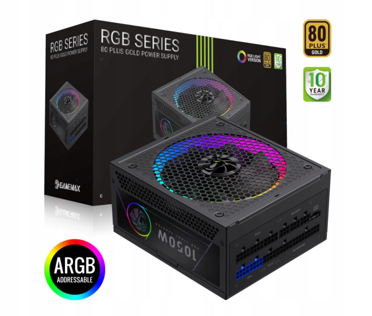 Gamemax Rgb 1050G Pc napájecí zdroj 1050W plně modulární, 80 Plus Gold, černý