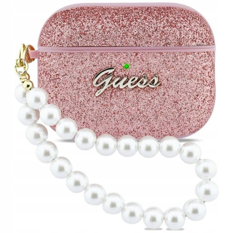 Pouzdro Guess Glitter Pearl Strap pro AirPods Pro 3, růžové