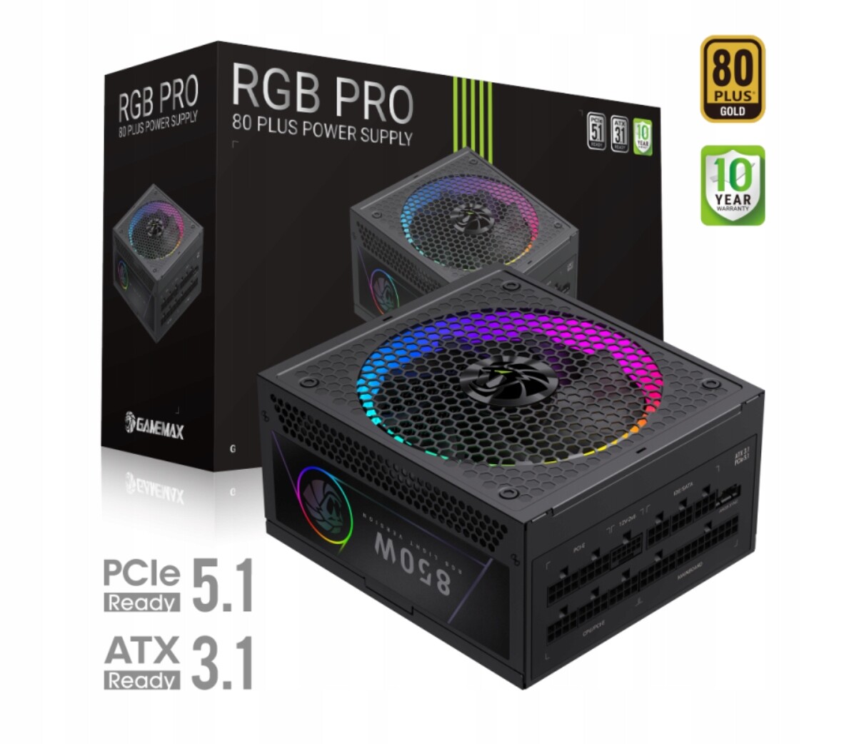 Napájecí zdroj GameMax Rgb Pro 850G pro Pc, 850W, 80+ Gold, ATX3.1, plně modulární