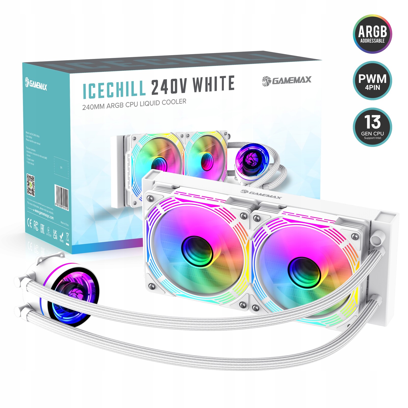 GameMax IceChill 240V Cpu kapalinový chladič adresovatelný Rgb 250W Tdp bílý