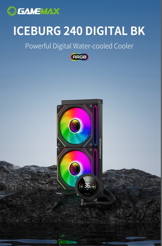 GameMax IceBurg 240V digitální černý, kapalinový chladič Cpu 240mm adresovatelný Argb