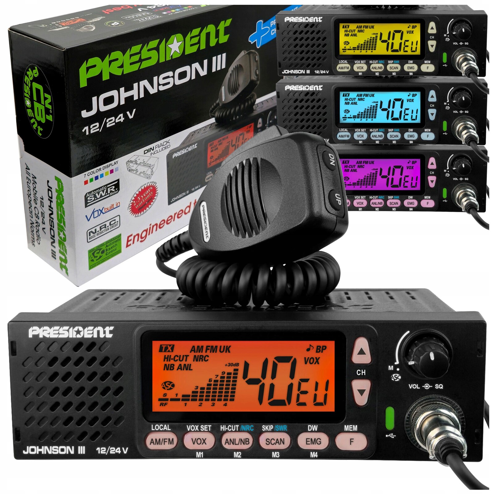 Cb rádio President Johnson III Asc 12/24V Vox Nrc Swr s Usb C konektorem