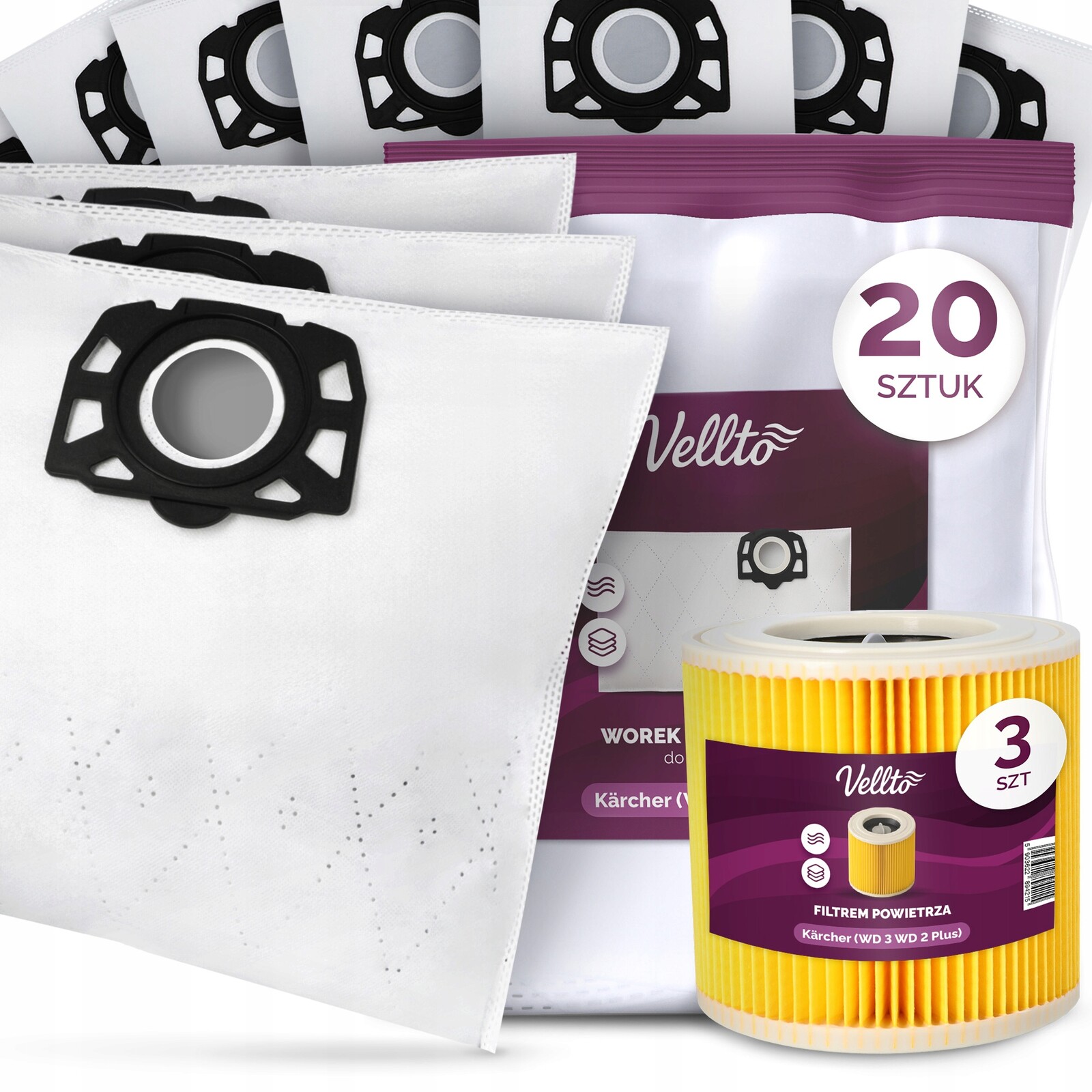 20x Sáček Do Vysavače Kärcher WD3 SE3001 WD2 Plus 3x Vzduchový filtr E3-V