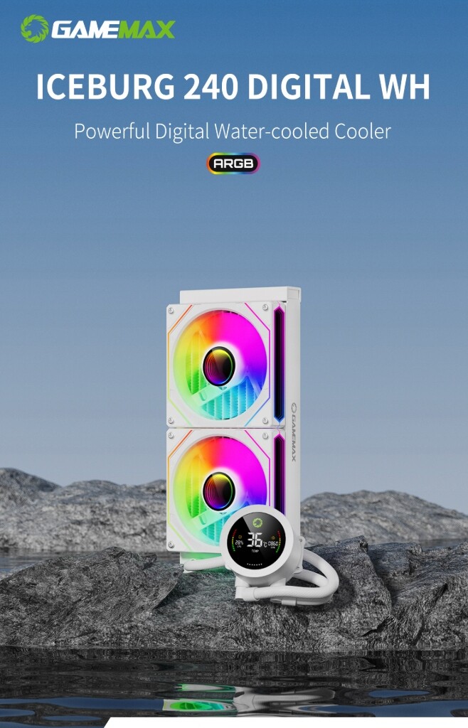 GameMax IceBurg 240V digitální kapalinový chladič Cpu, 240mm adresovatelný Argb, bílý