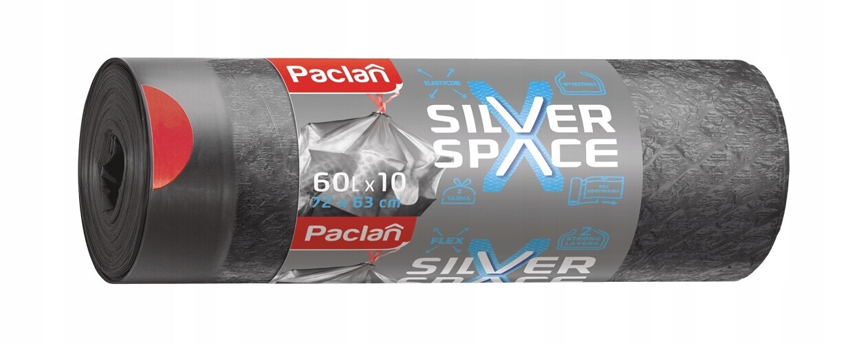 8X Paclan Pytle na odpadky Silver Space s páskou Silné elastické 60L 10