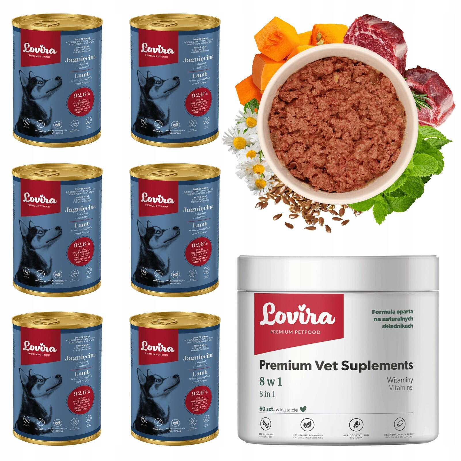 6x Krmivo Vlhké jehněčí 92,6+DÁREK Doplňky Pro Psa 8v1 Vitamíny