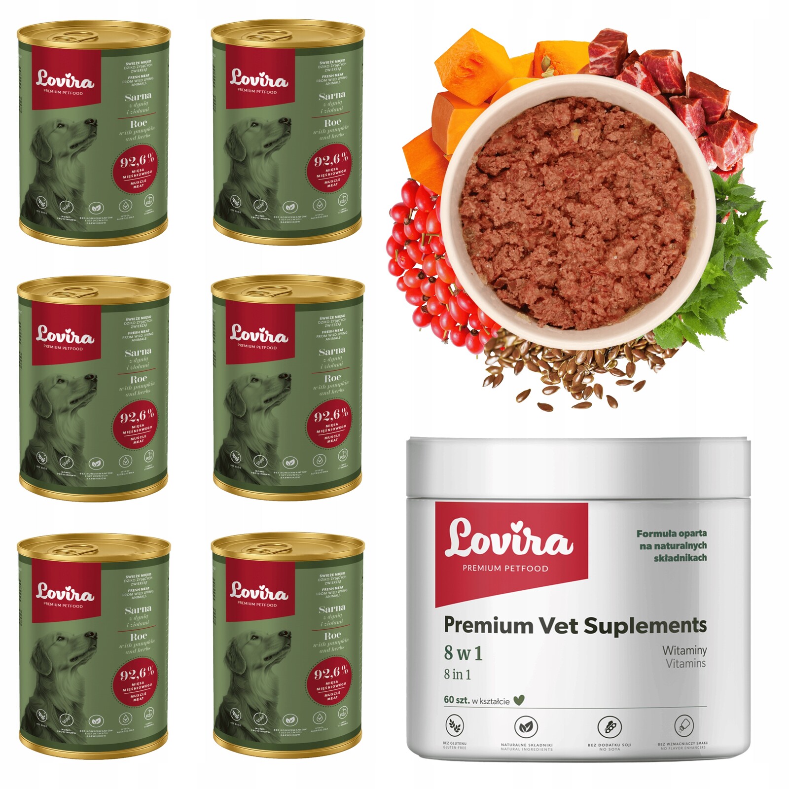 6x Krmivo Mokrá srna 92,6+DÁREK Doplňky Pro Psa 8v1 komplex Vitamínů