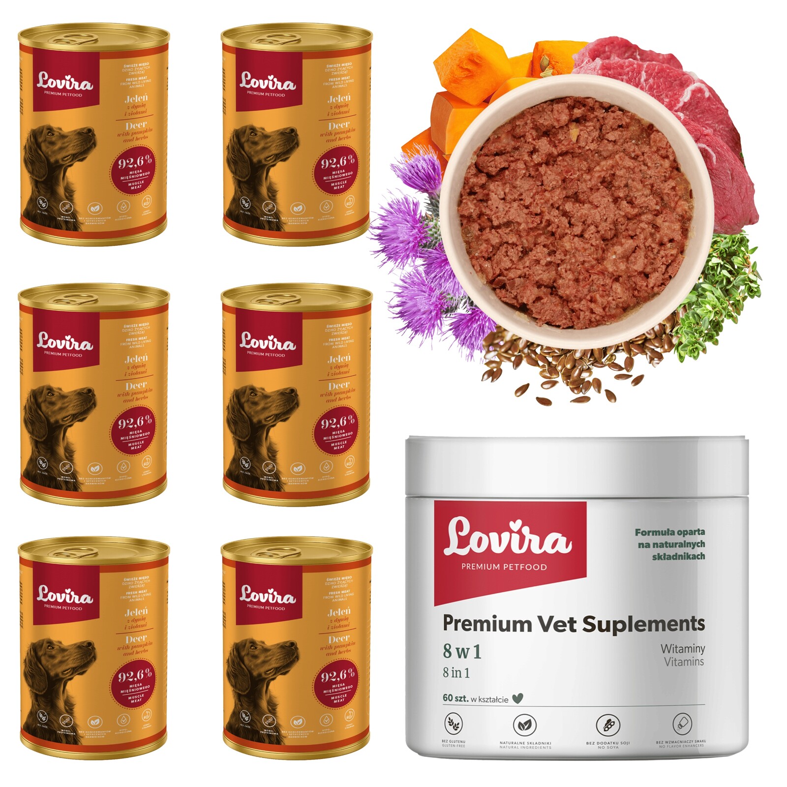 6x Krmivo Mokrý jelen 92,6+DÁREK Doplňky Pro Psa 8v1 komplex Vitamínů