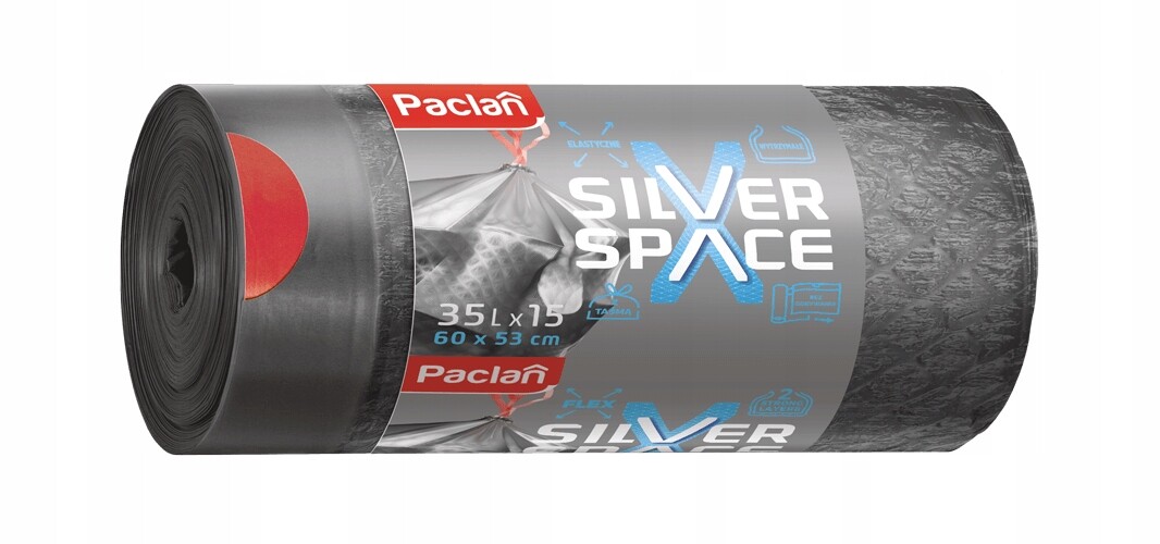 9X Paclan Pytle na odpadky Silver Space s páskou silné 35L 15 Kusů