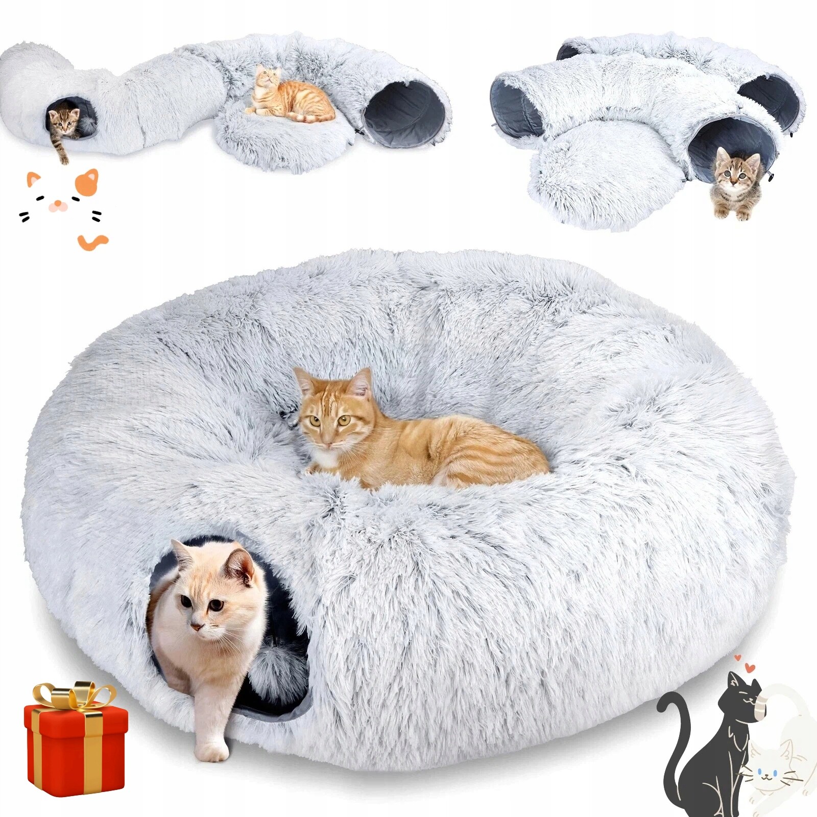 Tunel Pro Kočky Donut Pelíšek 2V1 Šedý Bez Montáže Zimní Plyšový