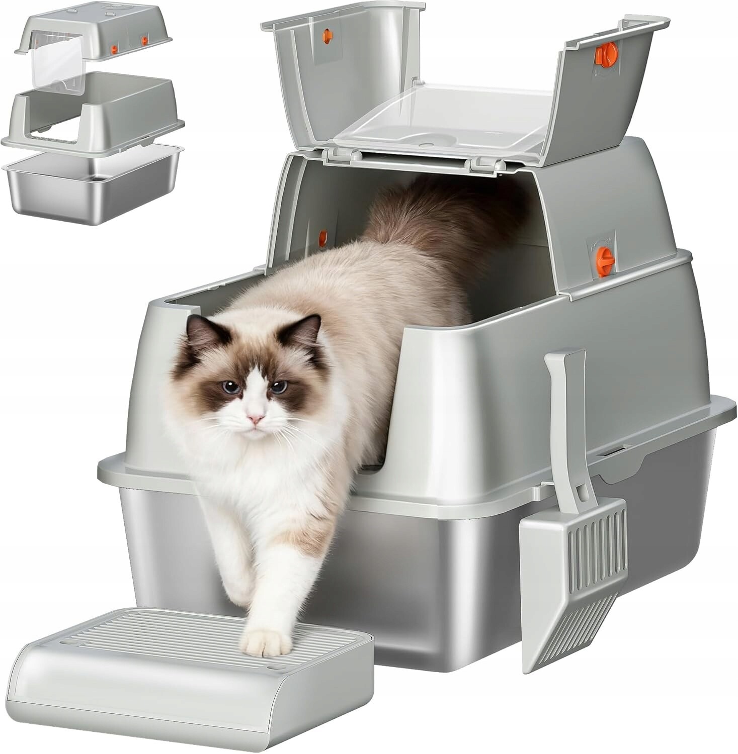 Toaleta Pro Kočky uzavřená 3 v 1 z nerezové oceli s 180° víkem