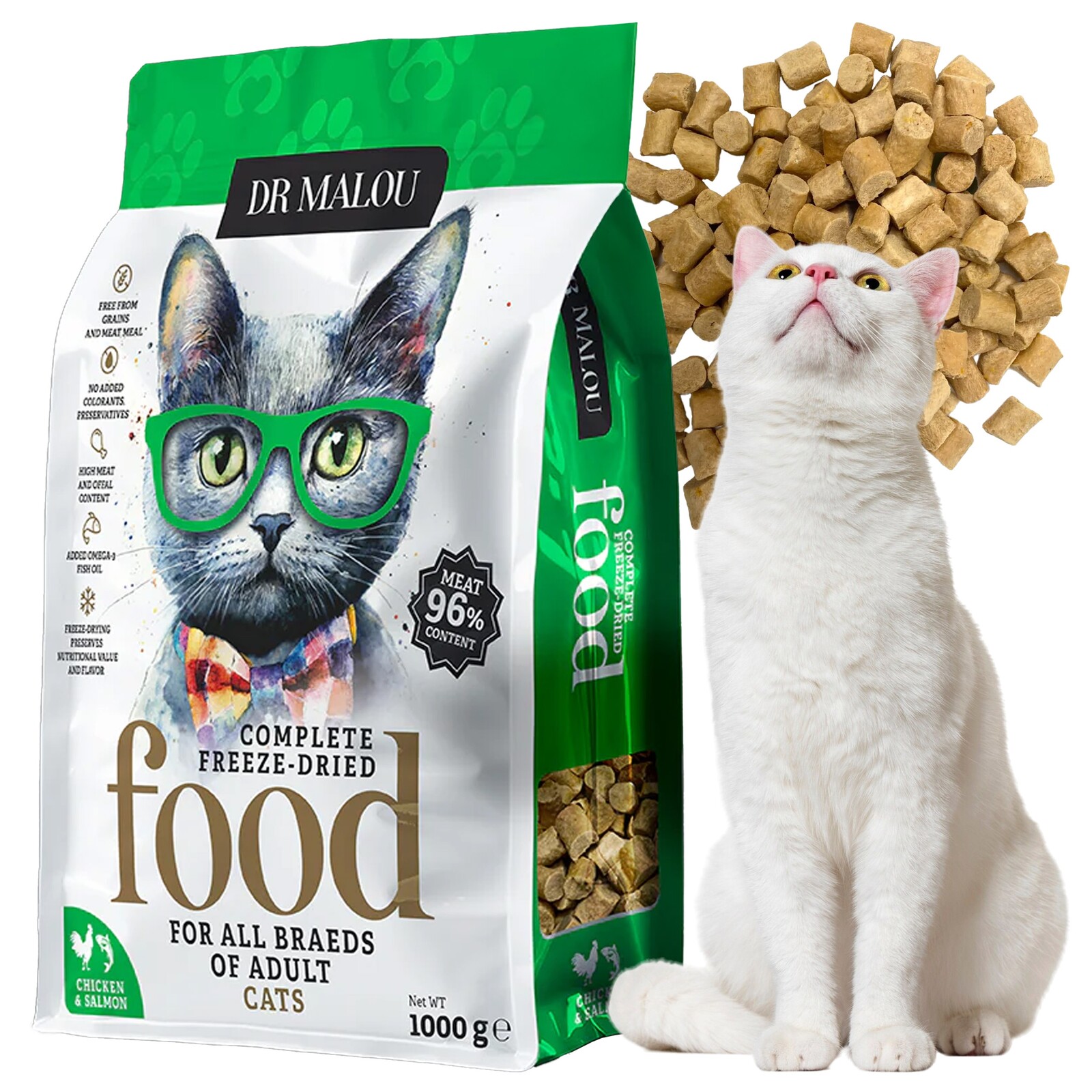 Lyofilizované krmivo pro kočky Dr. Malou kuře a losos 1 kg adult grain-free