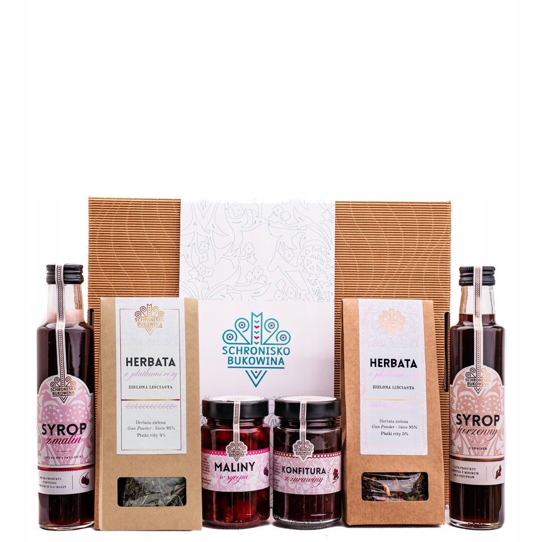 Vánoční dárková krabička Schronisko Bukowina sirup čaj maliny zavařenina