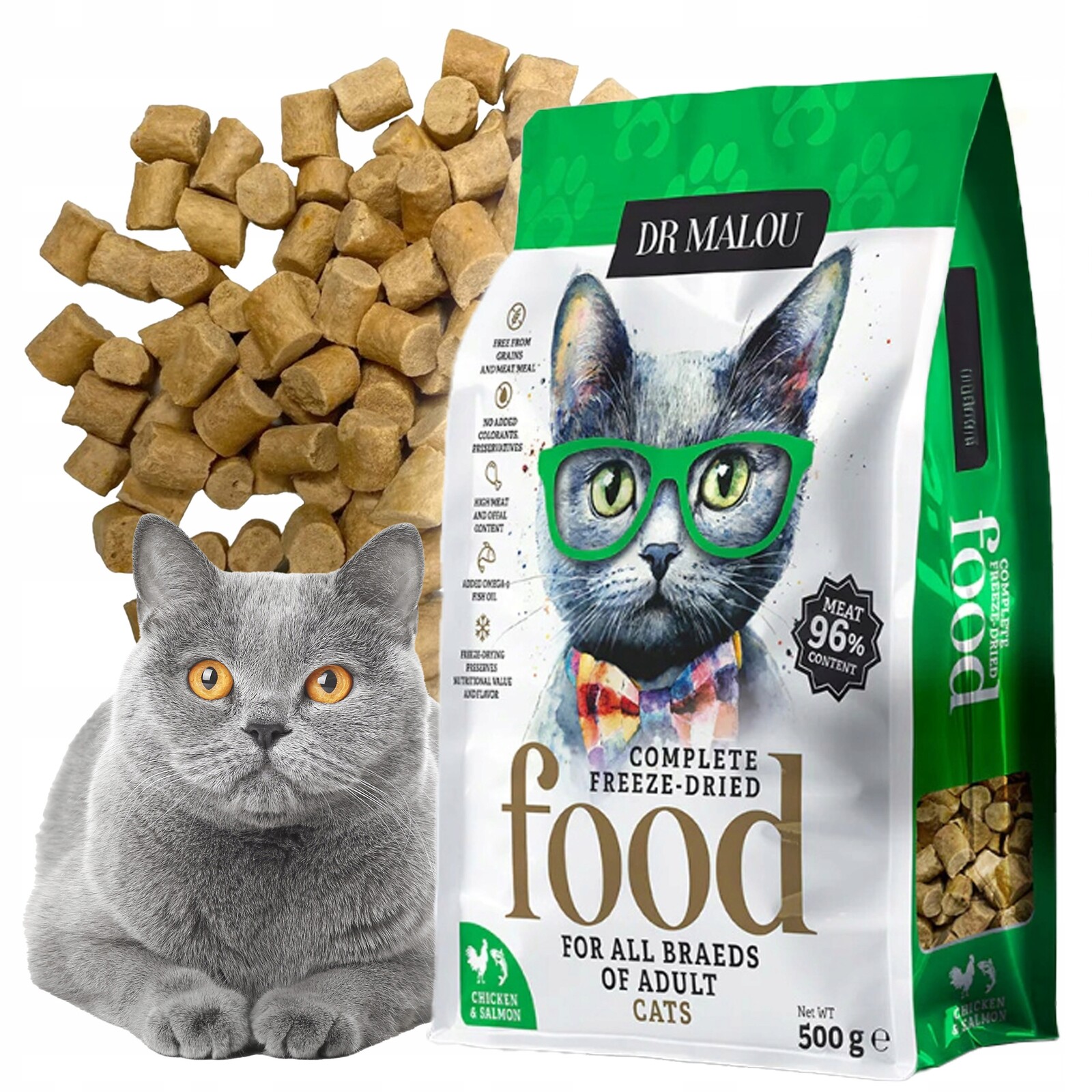 Lyofilizované krmivo pro kočky Dr. Malou kuře a losos 500 g adult grain-free