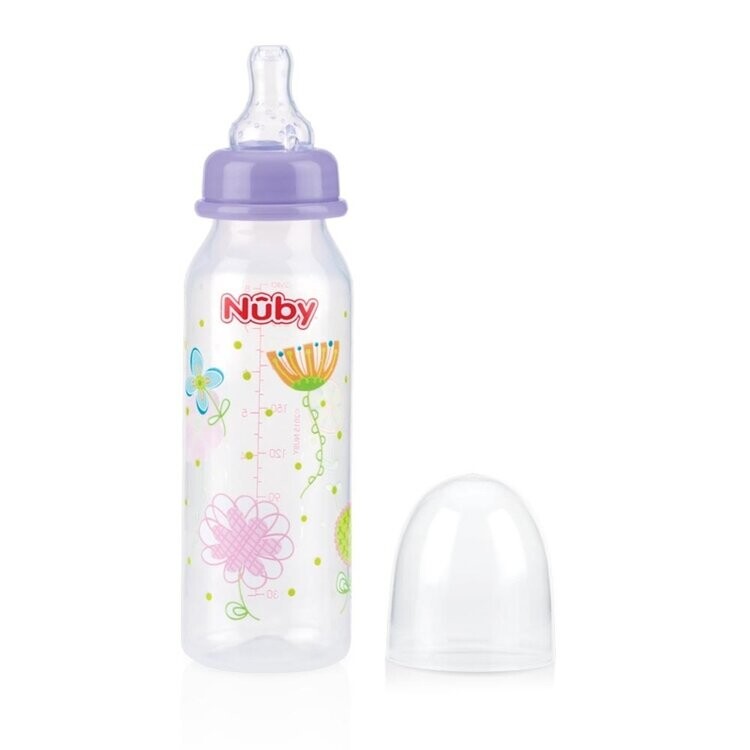 NUBY Láhev kojenecká 1-2-3 průtok 240 ml, 0-12 m+, kytičky