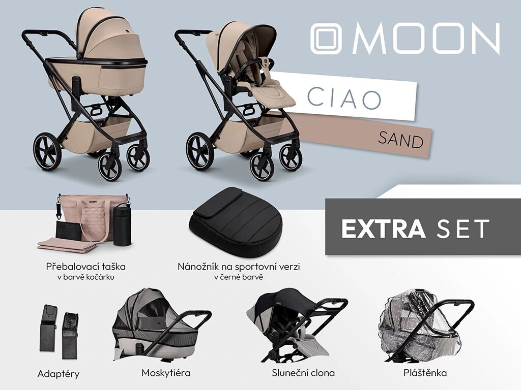 Moon SET EXTRA CIAO SAND včetně adaptérů, pláštenky, nánožníku black, přebalovací tašky, moskytiéry a sluneční clony